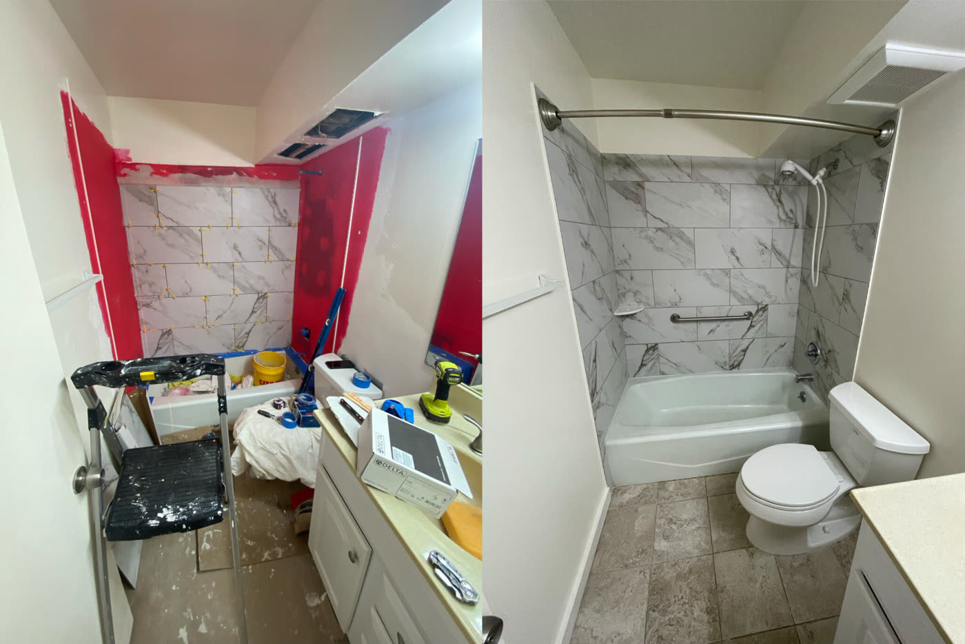Illustrative view of water-damaged materials beside a restored interior